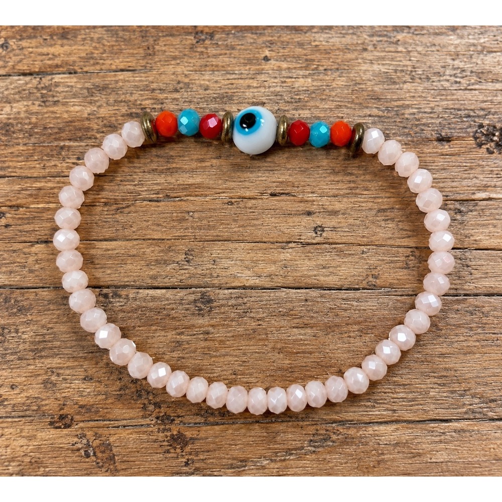 Handmade Evil Eye Stretch Bracelet Pink Faceted Glass Beaded Protection Boho